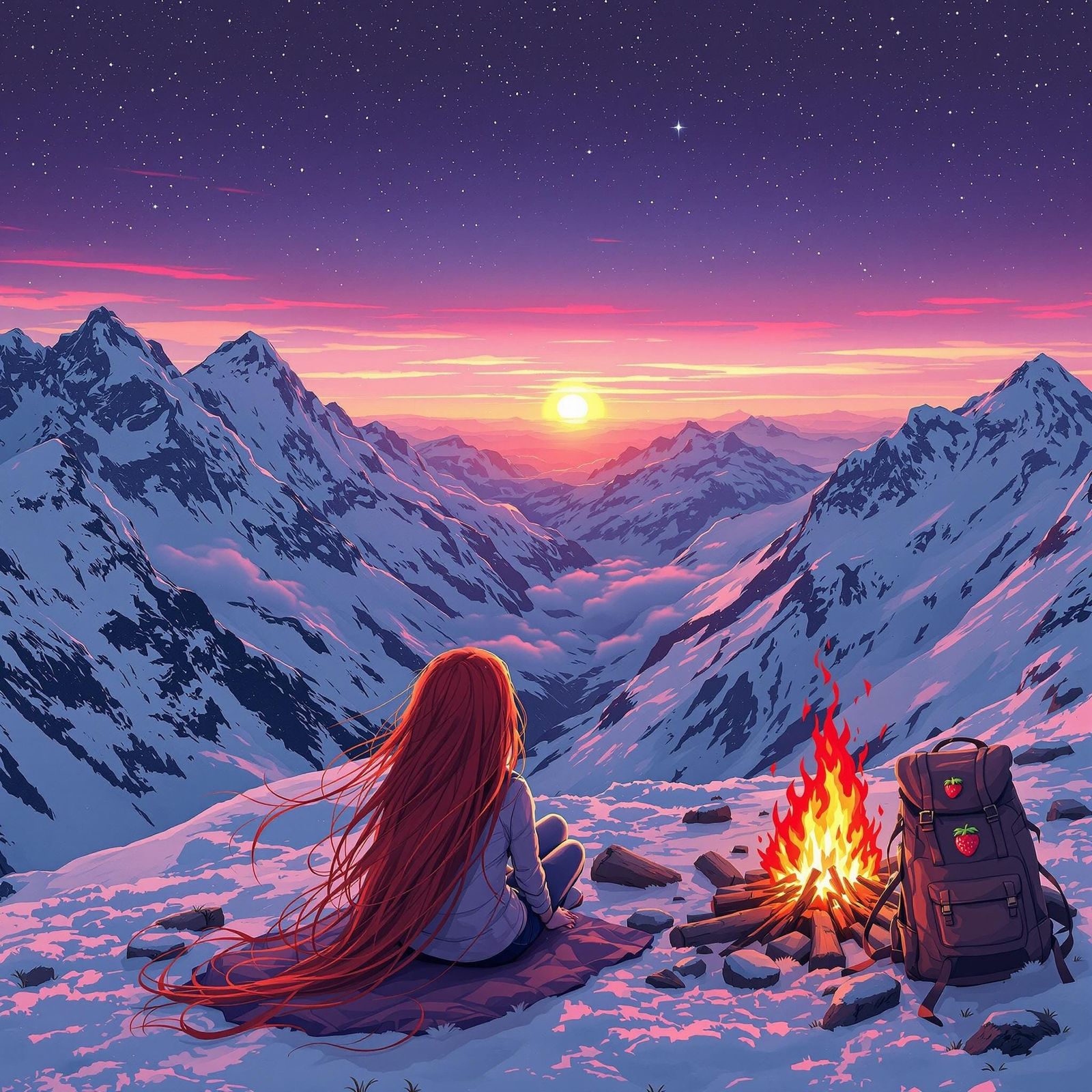 Majestic Sunrise on Purple-Pink Mountain Landscape