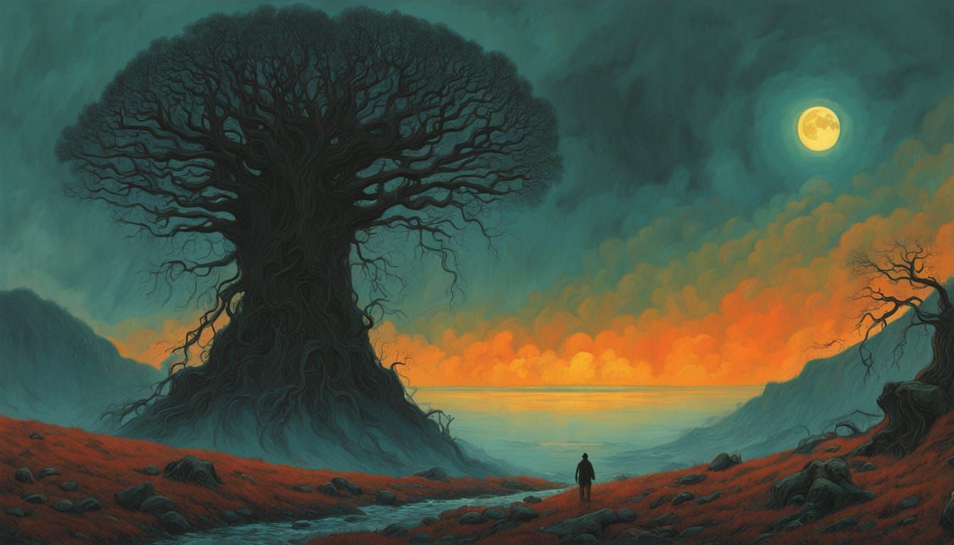 Dark Silhouette Against a Turbulent, Fiery Sky