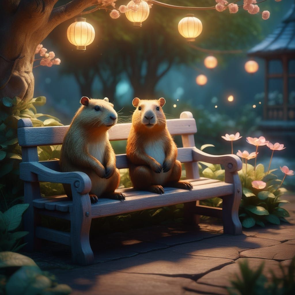 Whimsical Capybara Couple in a Dreamy Garden Setting
