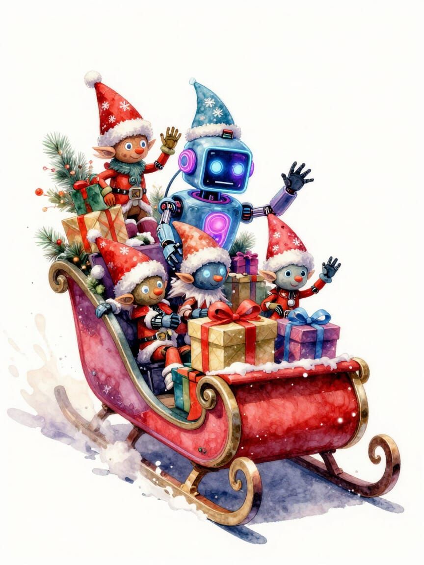 Neon Robot Elves Loading Presents onto Santa's Sleigh