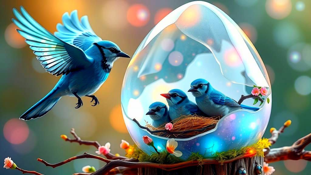 Whimsical Crystal Egg Birdhouse with Blue Jays