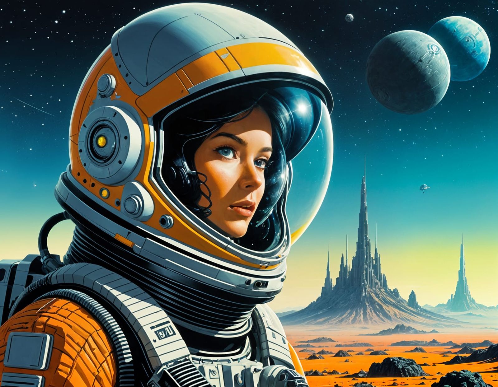 Retro Sci-Fi Space Explorer on Alien Planet