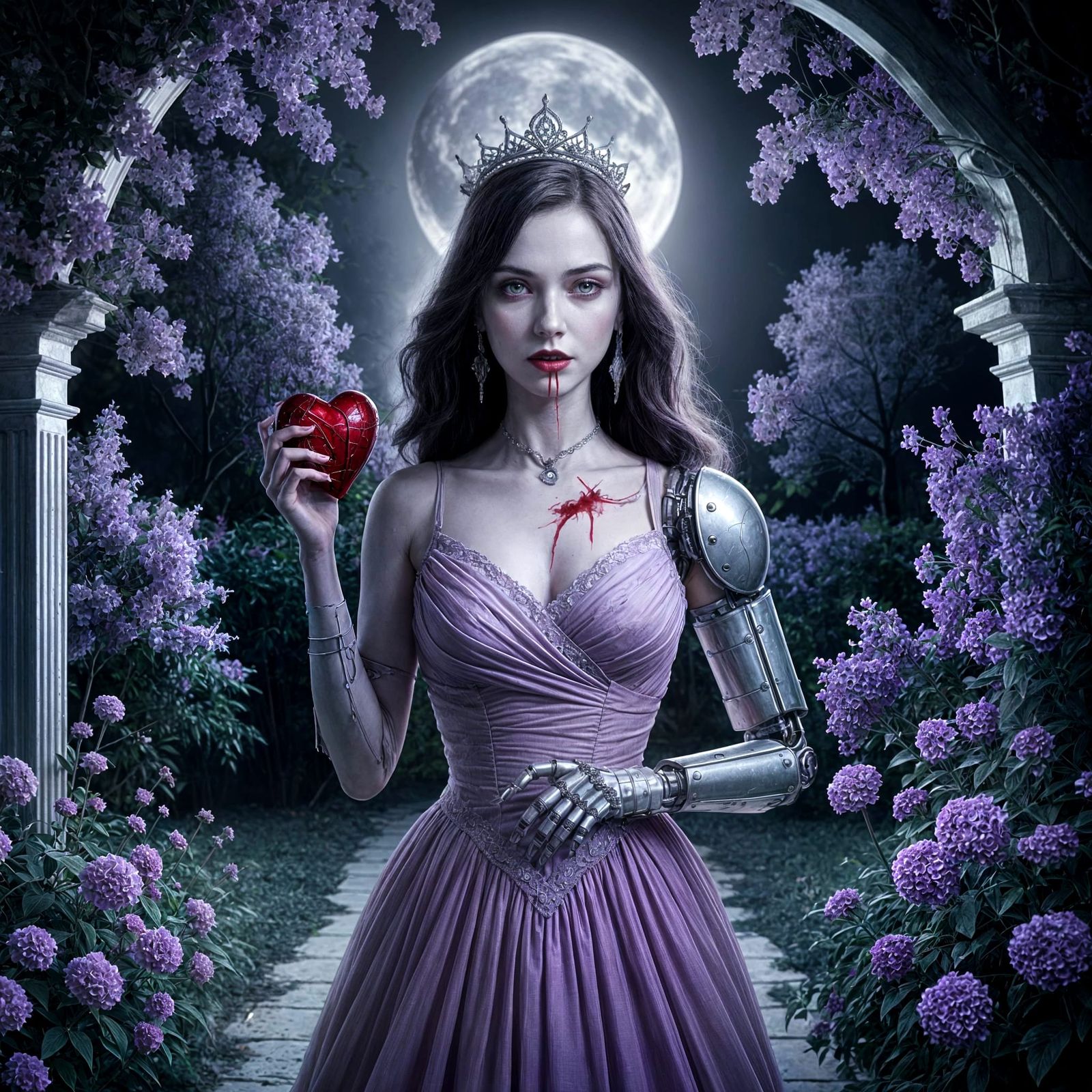 Vampire Princess in Moonlit Garden Scene with Eerie Touch