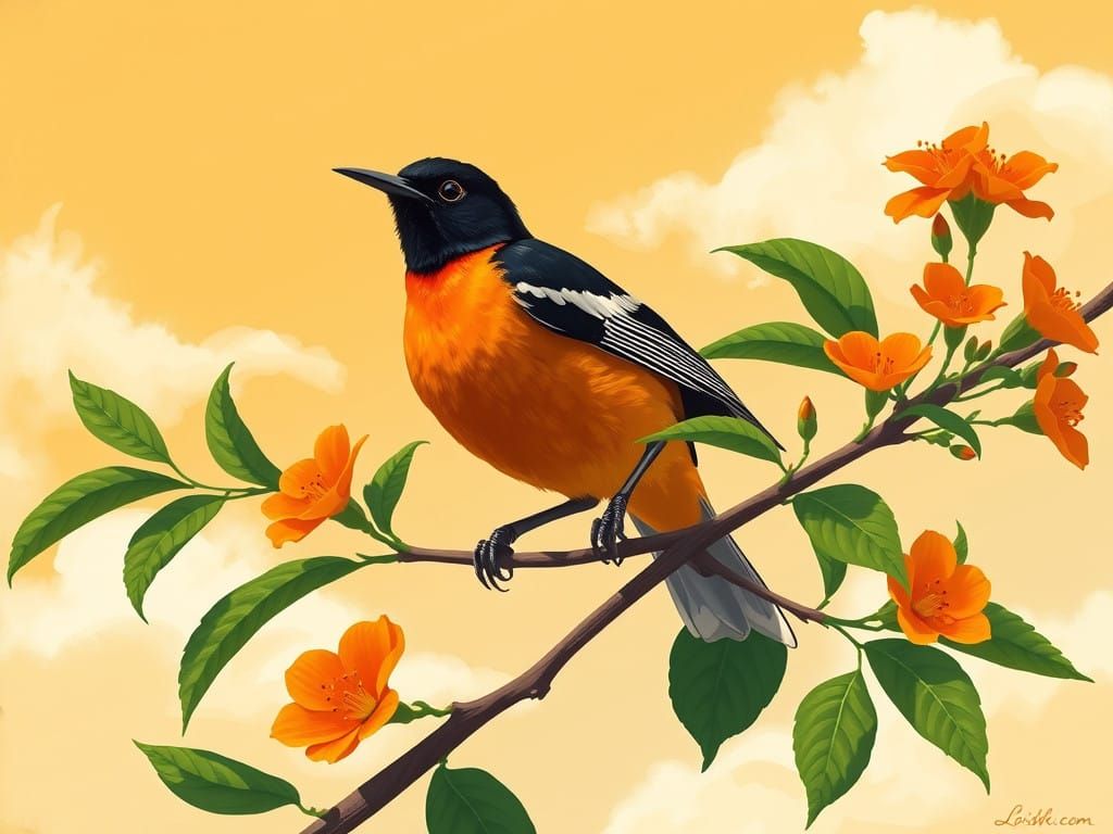 Vibrant Oriole in Whimsical Wildlife Style