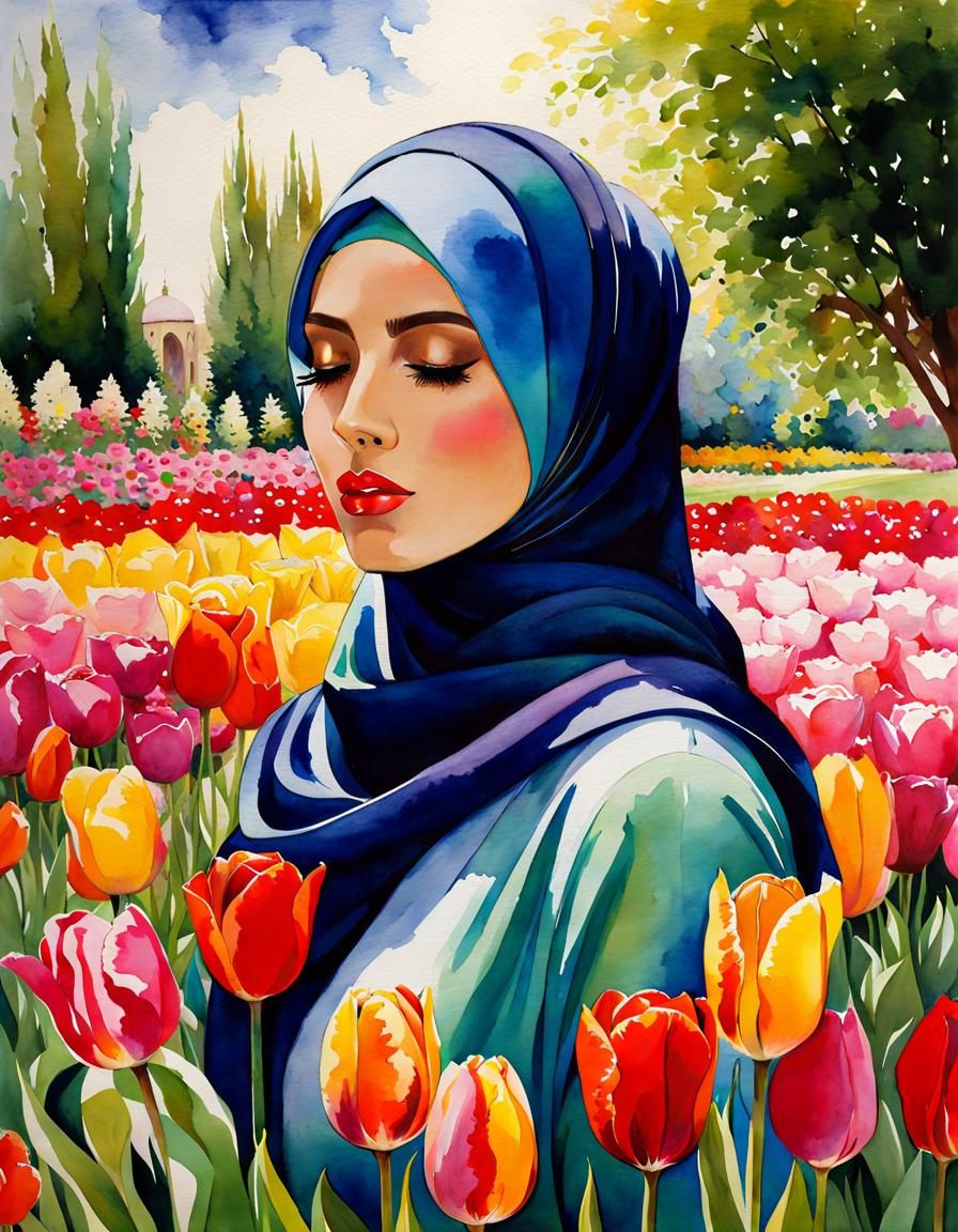 Beautiful Hijabi Woman in Tulip Garden, Watercolor Painting