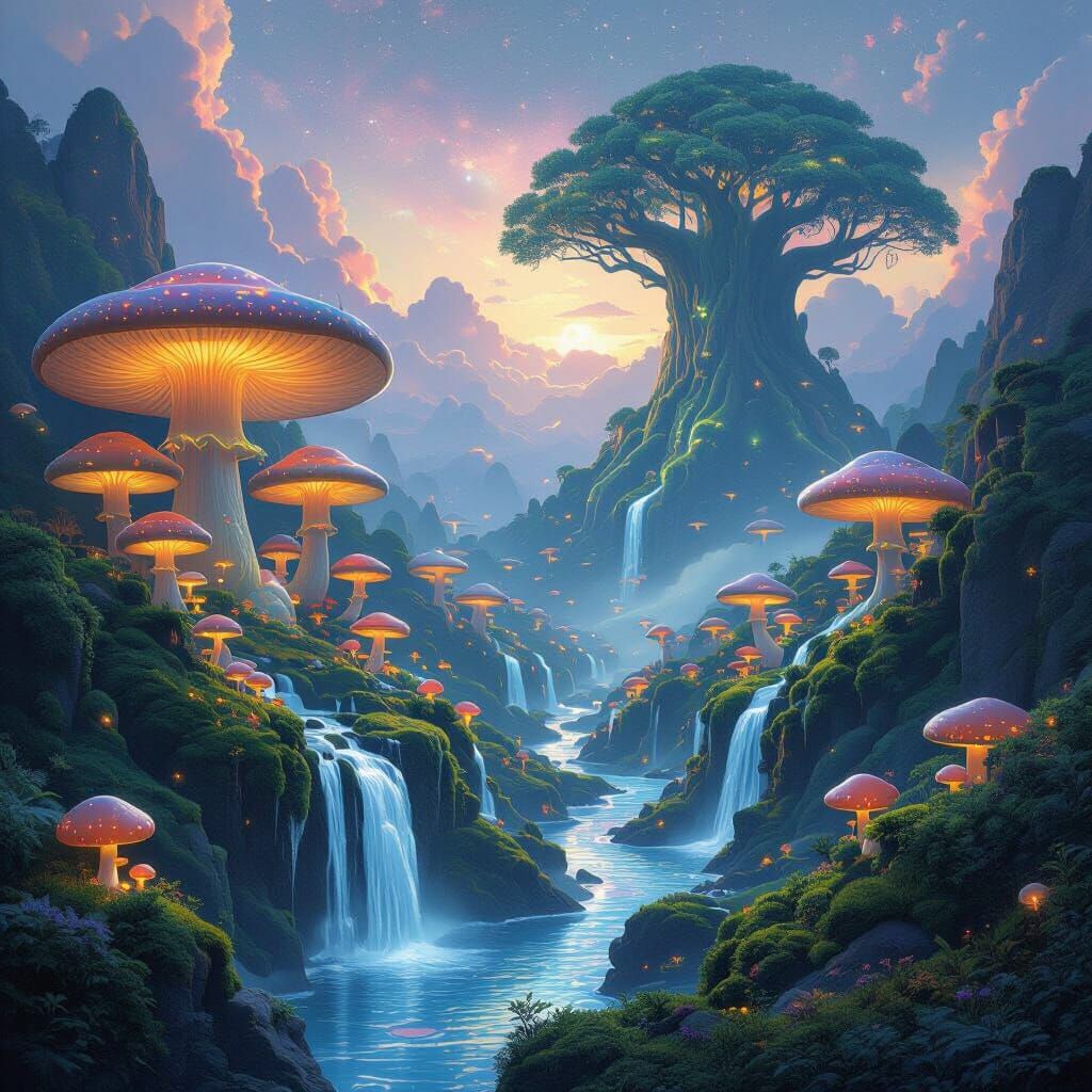 Luminous Mushroom Valley: Dreamy Surreal Landscape