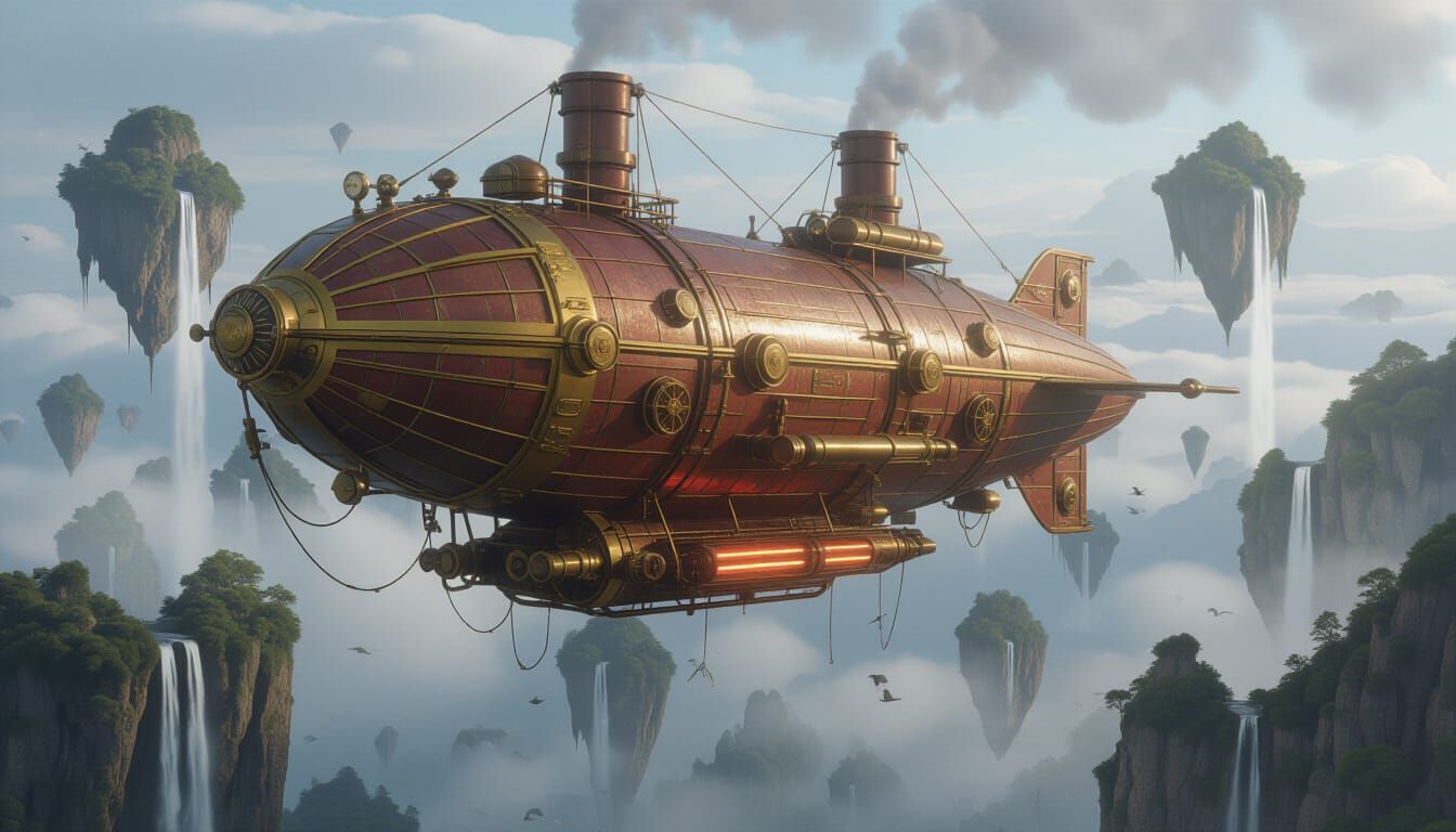 Steampunk Airship Navigates Misty Sky with Floating Islands