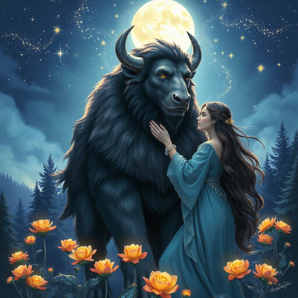 Majestic Beast Embraced by Woman in Enchanted Forest