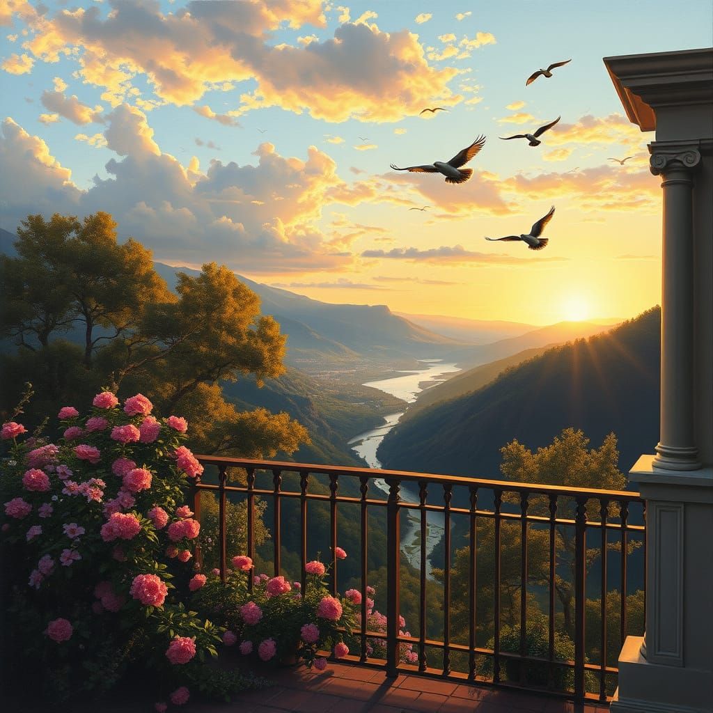 Valley Sunset Scene: Oil Painting Balcony View