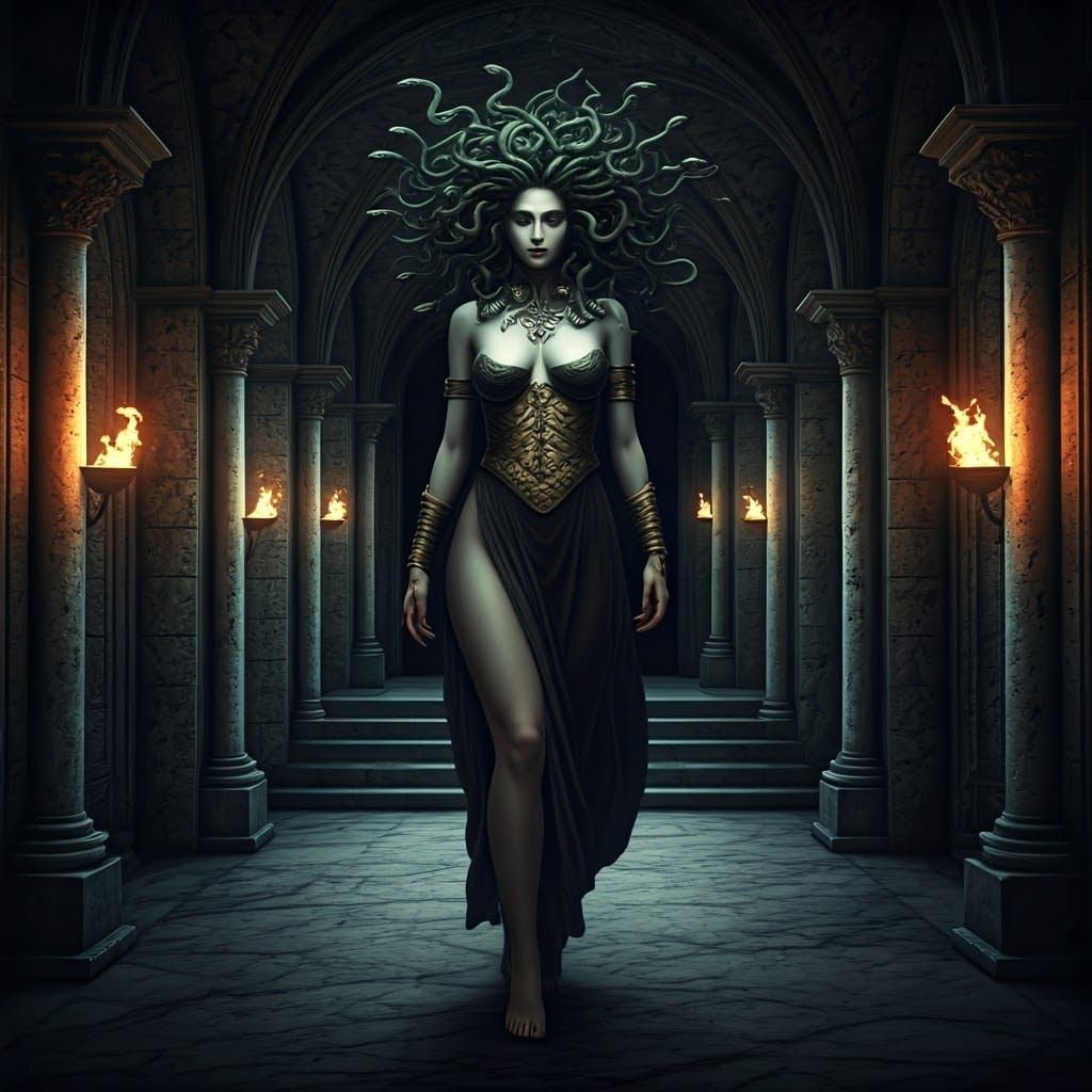 Medusa Walks Through a Haunting Ancient Hall