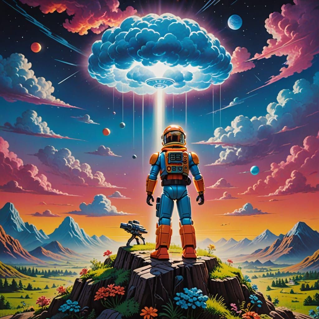 Vibrant 80s Action Figure with Dramatic Cloud Setting in Ret...