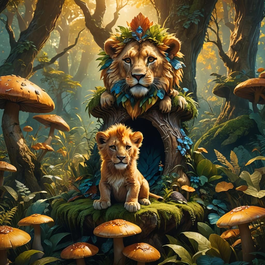Cute Lion Cub on Mushroom Throne