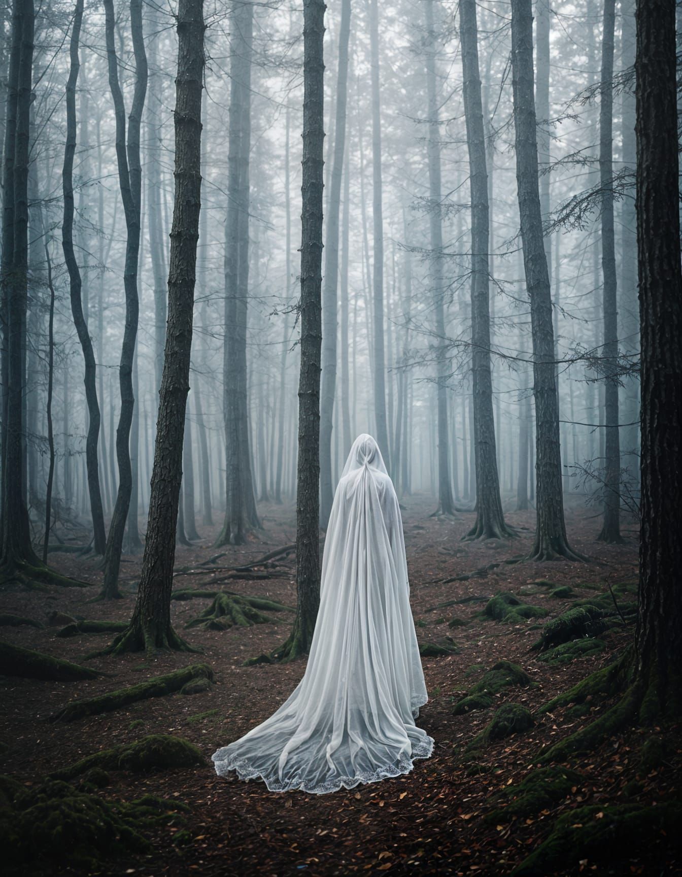 Eerie Woman in White Fabric, Foggy Forest