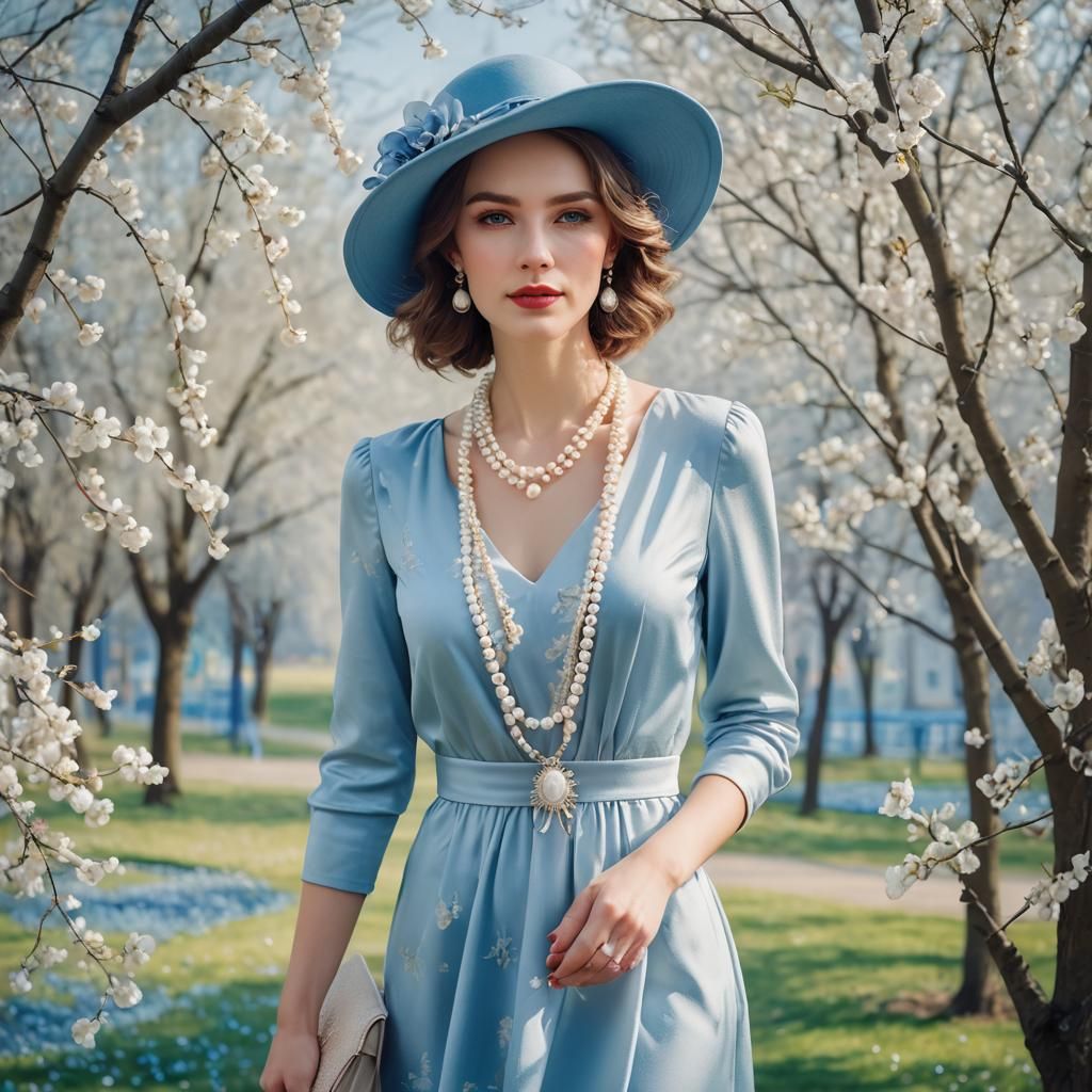 Elegant Woman with Pearl Necklace in Spring Landscape