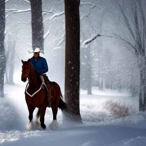 Cowboy on White Horse Through Snow, Realistic Photography