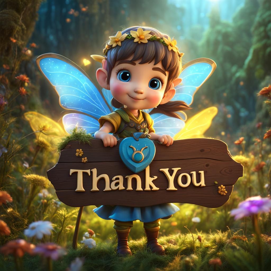 Cute Fairy Holding Thank You Sign in Detailed Matte Painting