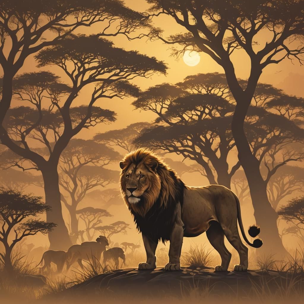 Lion Silhouette Filled with African Savanna