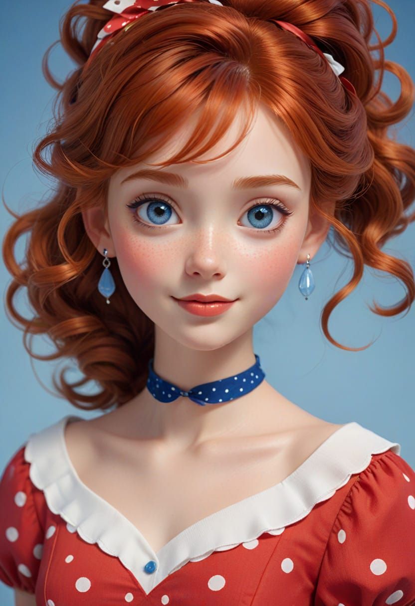 Animated Character with Vibrant Red Hair and Polka Dot Dress