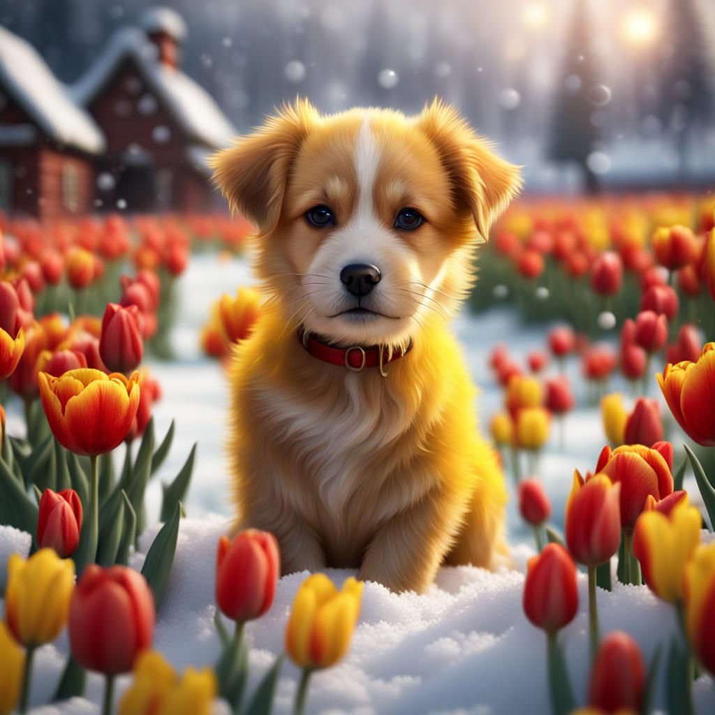 Puppy in Tulips Under Snow: Macro Photography