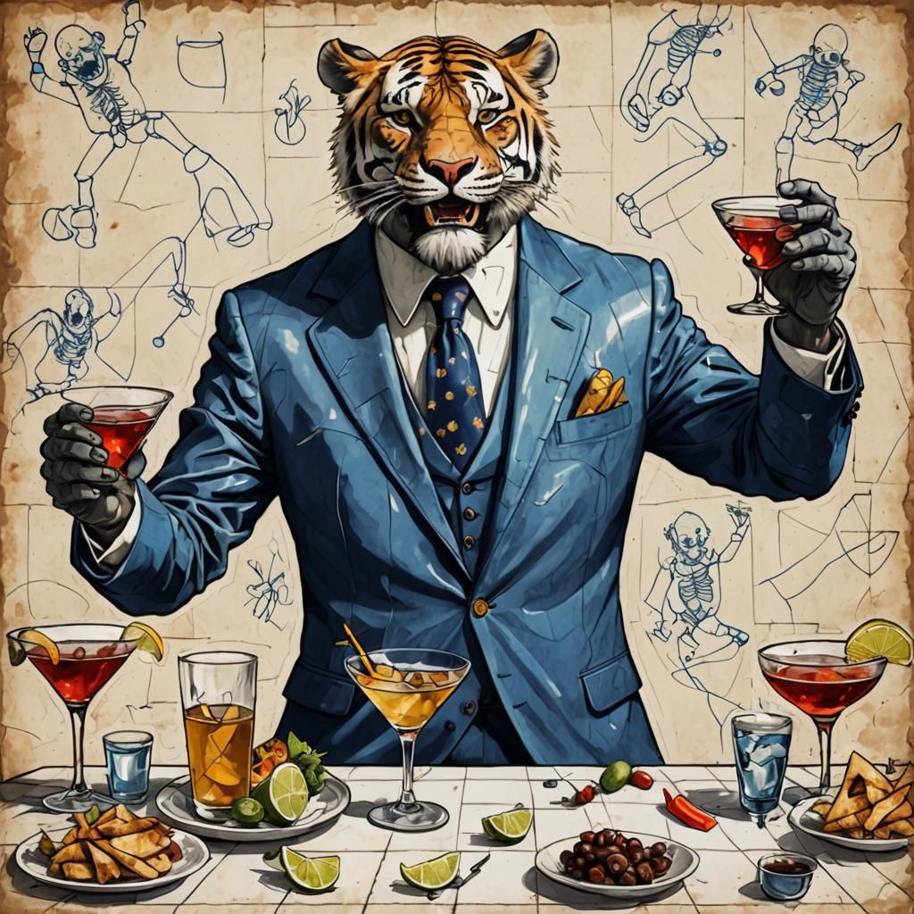 Anthropomorphic Liger Drinks Martini With Friends
