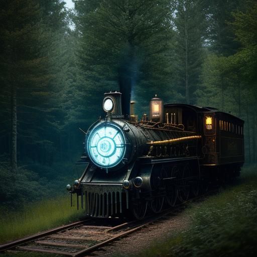 Ethereal Steampunk Ghost Train Through Woods