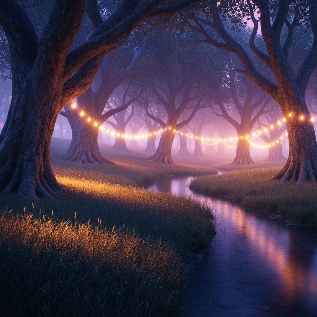 Mystical Twilight Forest with Fairy Lights, Dreamy Art