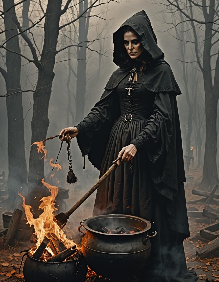 Sinister Puritan Woman with Smokey Cauldron