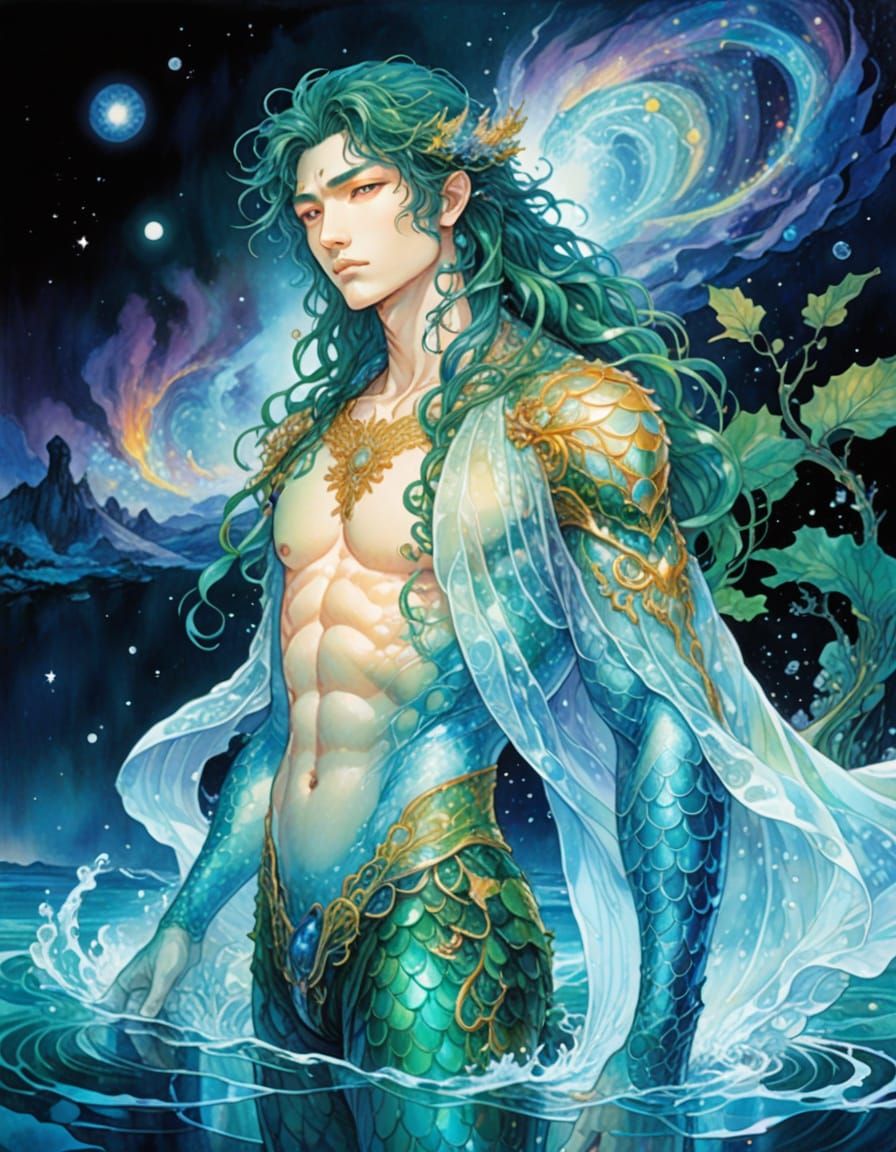 Merman Swims in Cosmic Ocean in Manga Style