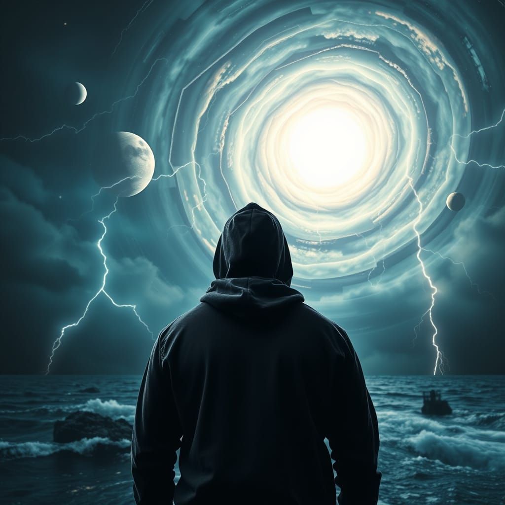 Man Gazing into Spiraling Void of Impending Doom