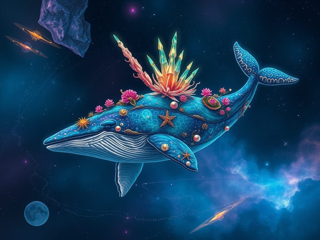Surreal Space Whale Drifts Through Nebula with Glowing Alien...