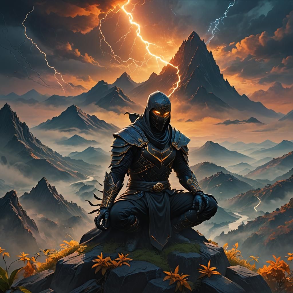 Noob Saibot Meditates on Misty Mountain in Fantasy Art