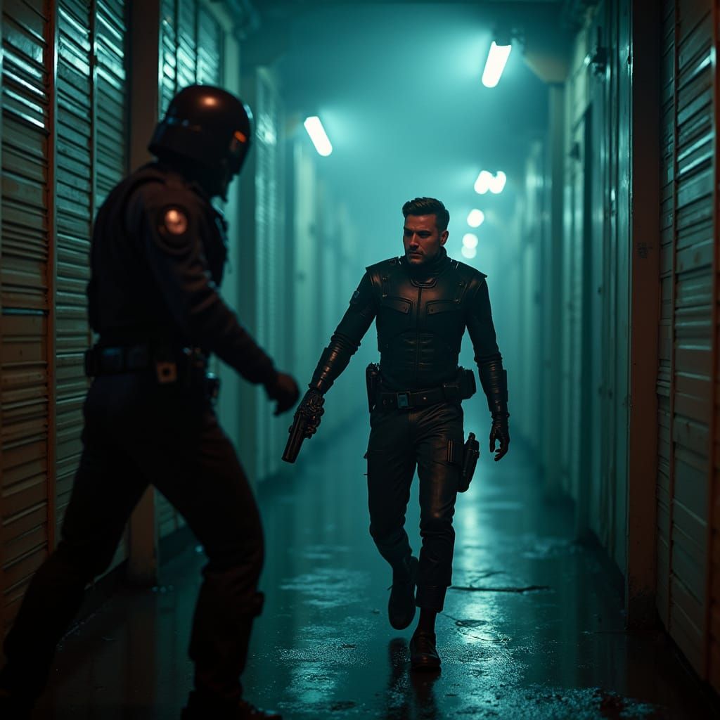 Robotic Cop Pulls Over a Man in a Gritty, Futuristic Alleywa...