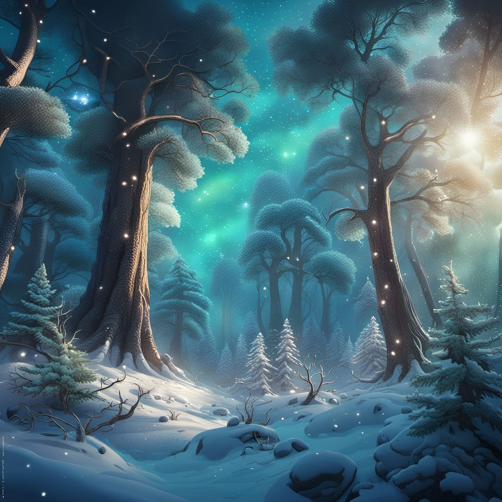 Enchanted Winter Forest with Galaxy Sky