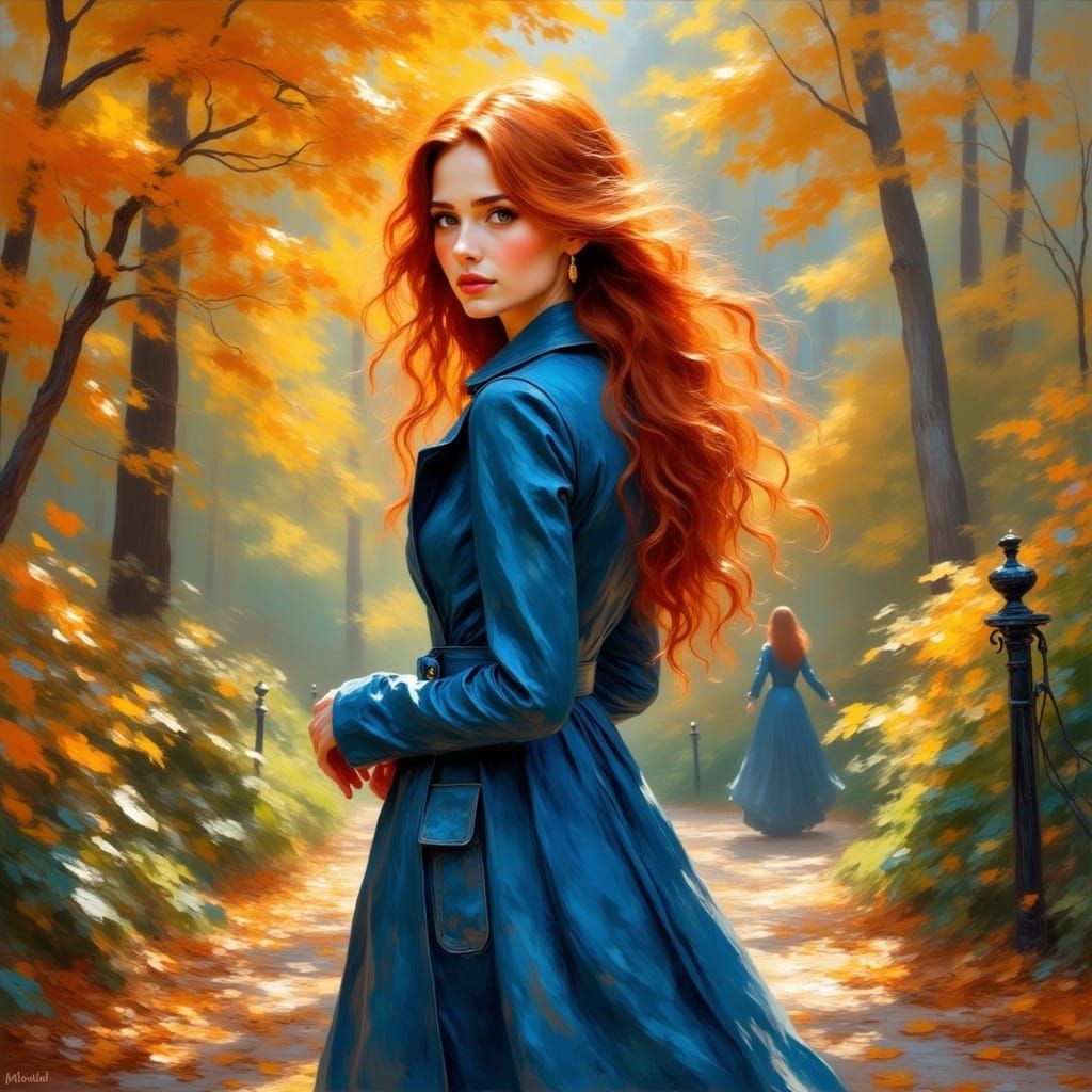 Woman Walking Through Autumn Central Park in Whimsical Style