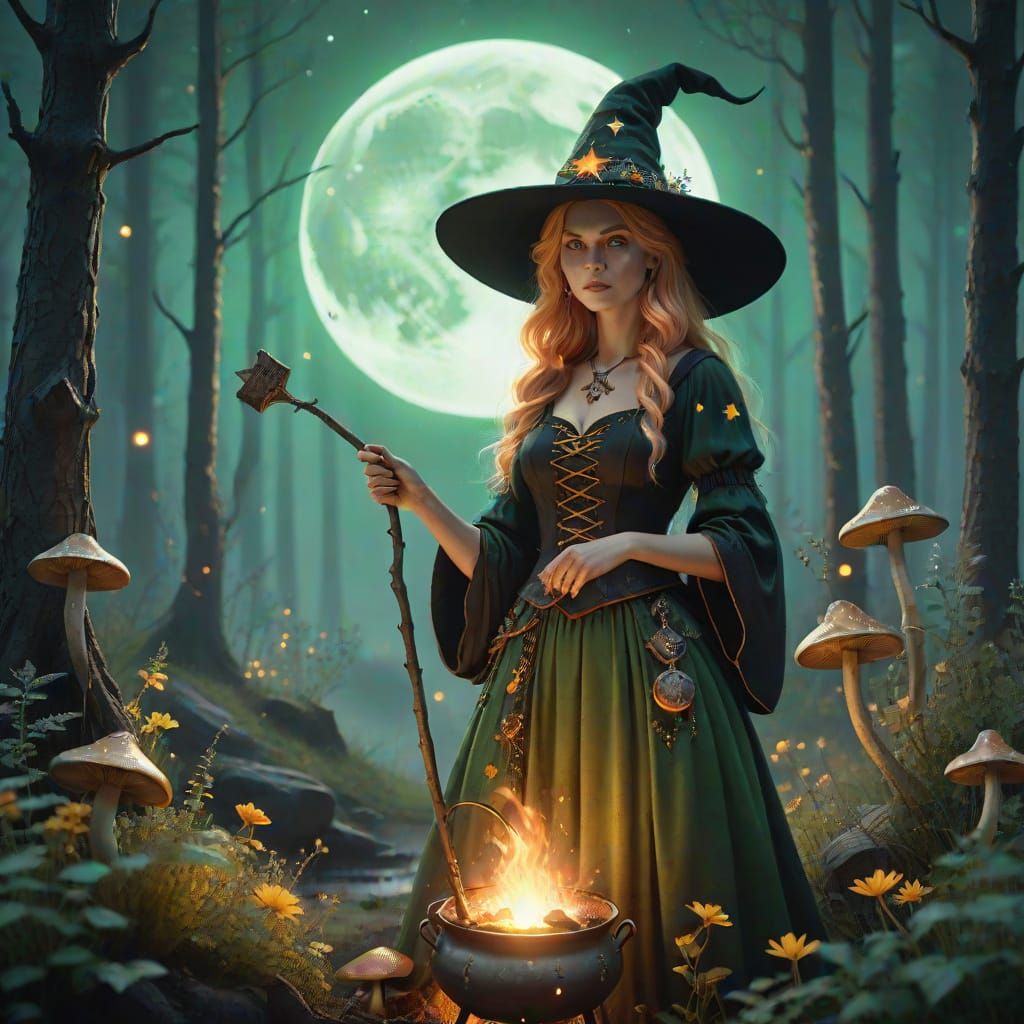 Elegant Witch in Magical Forest with Glowing Wand