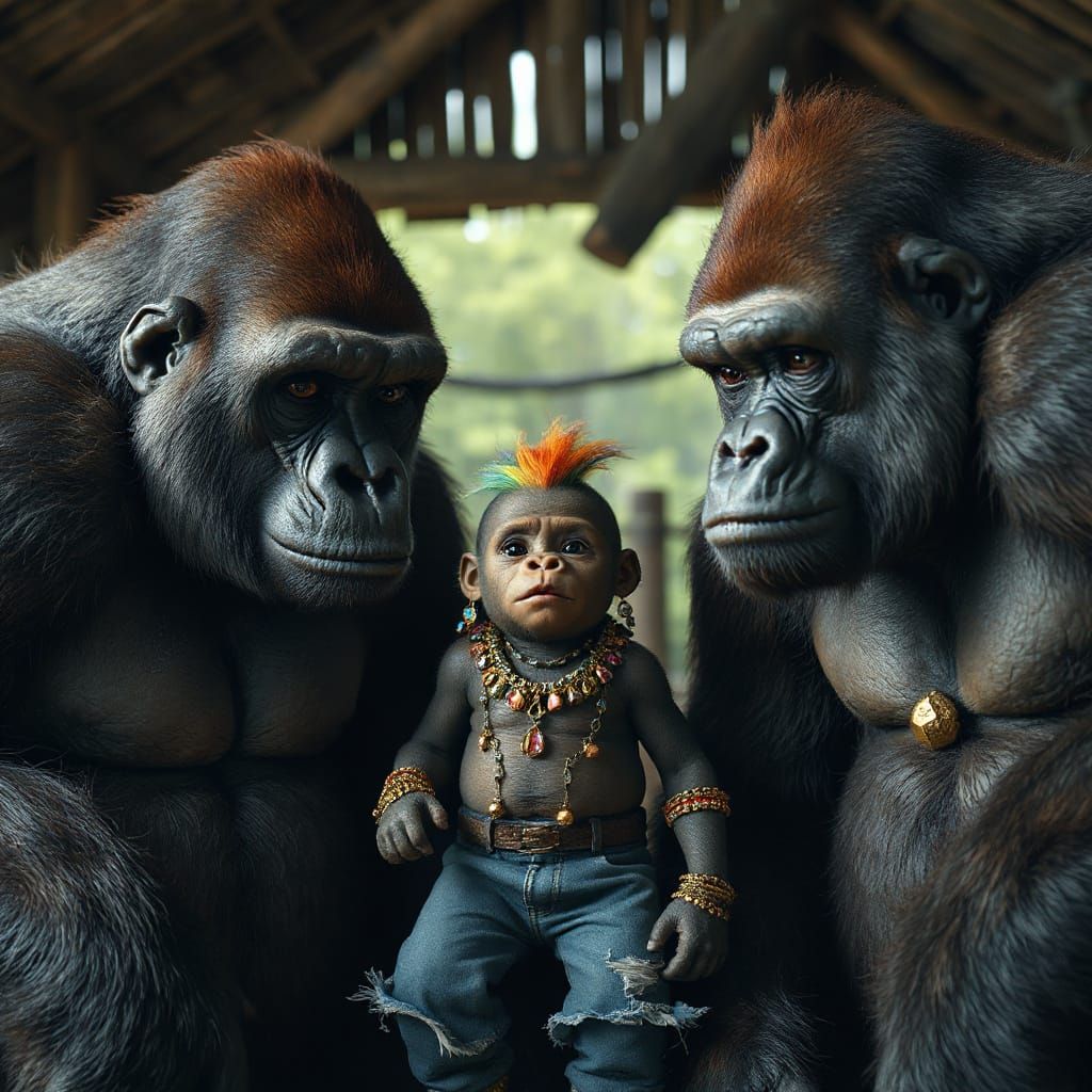 Gorillas React to Rainbow-Haired Friend in African Hut