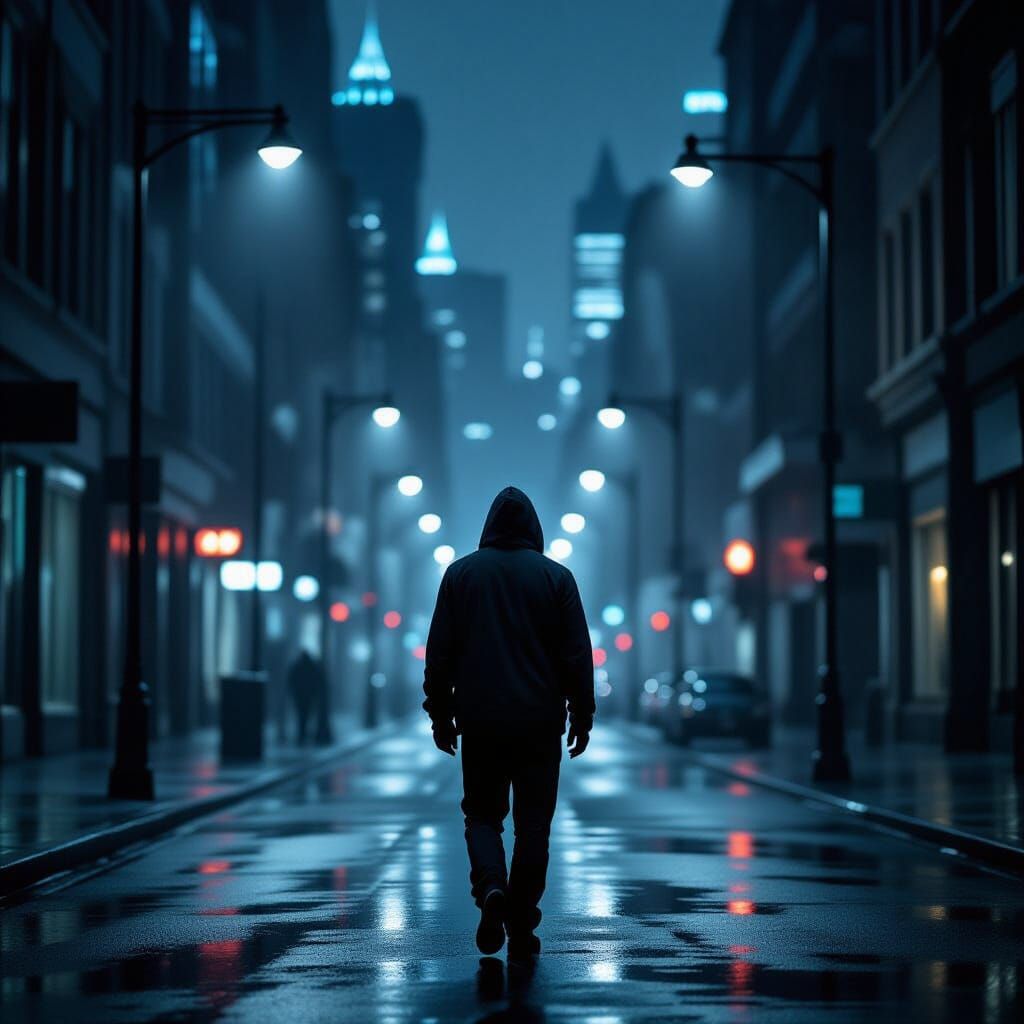 Noir Cityscape: Solitary Figure in Rain-Soaked Streets