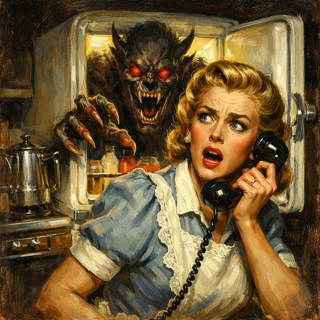 1950s Housewife Confronts Refrigerator Demon Oil Painting