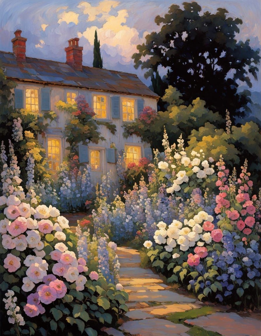Whimsical English Garden at Night in Pastel Hues