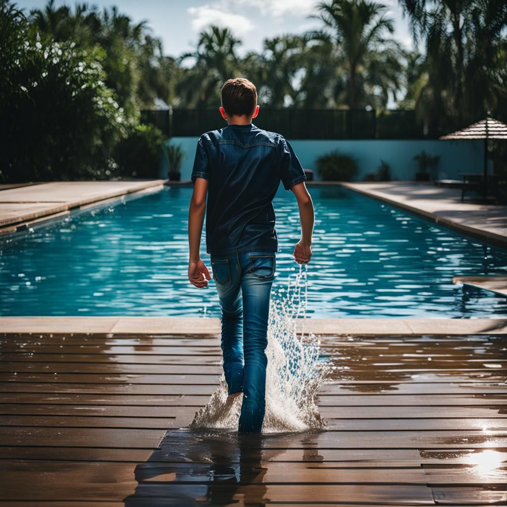 Teenage Boy Walking Out of Pool in Jeans