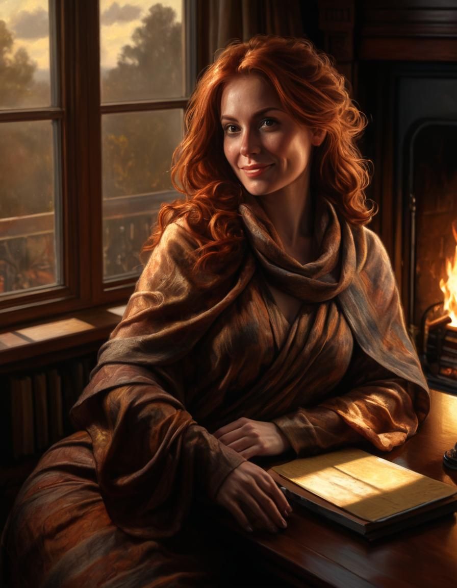 Auburn-Haired Woman in Chiaroscuro Oil Painting