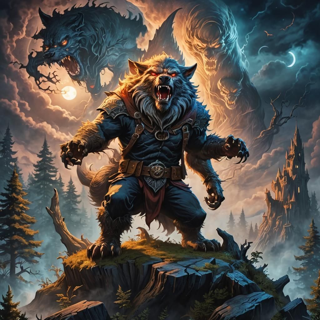 Werewolf Howling in Dark Fantasy Forest Illustration