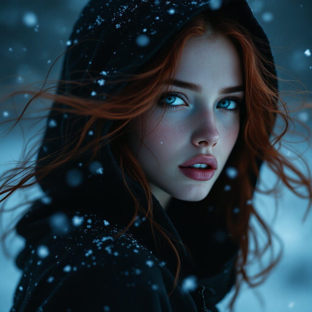 Ethereal Winter Goddess with Icy Skin and Dark Red Hair