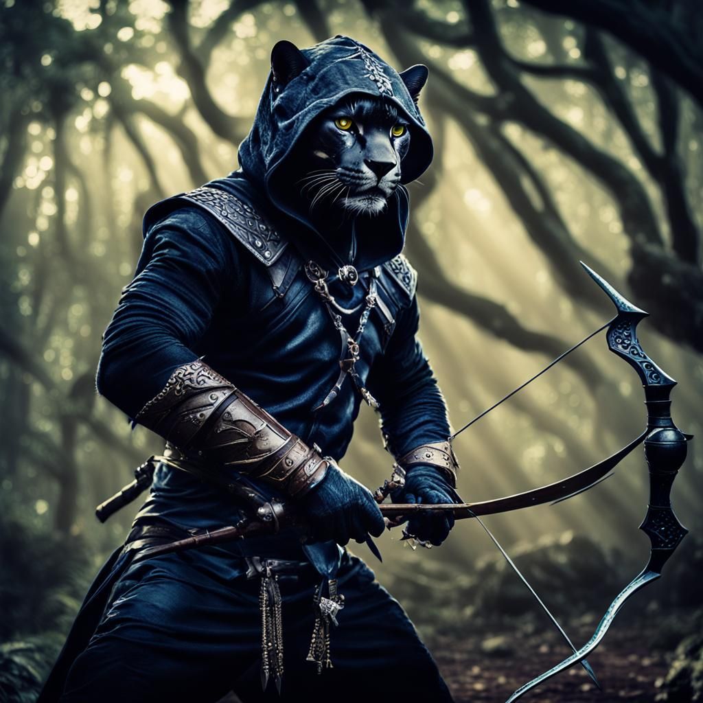 Cinematic Black Jaguar Tabaxi Assassin with Bow