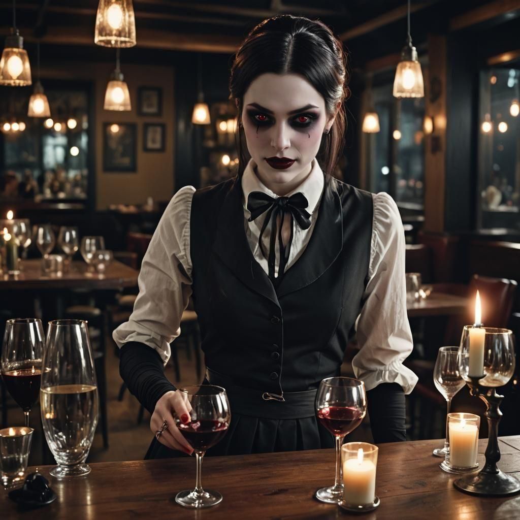 Goth Vampire Waitress Working Night Shift: Photorealistic Im...