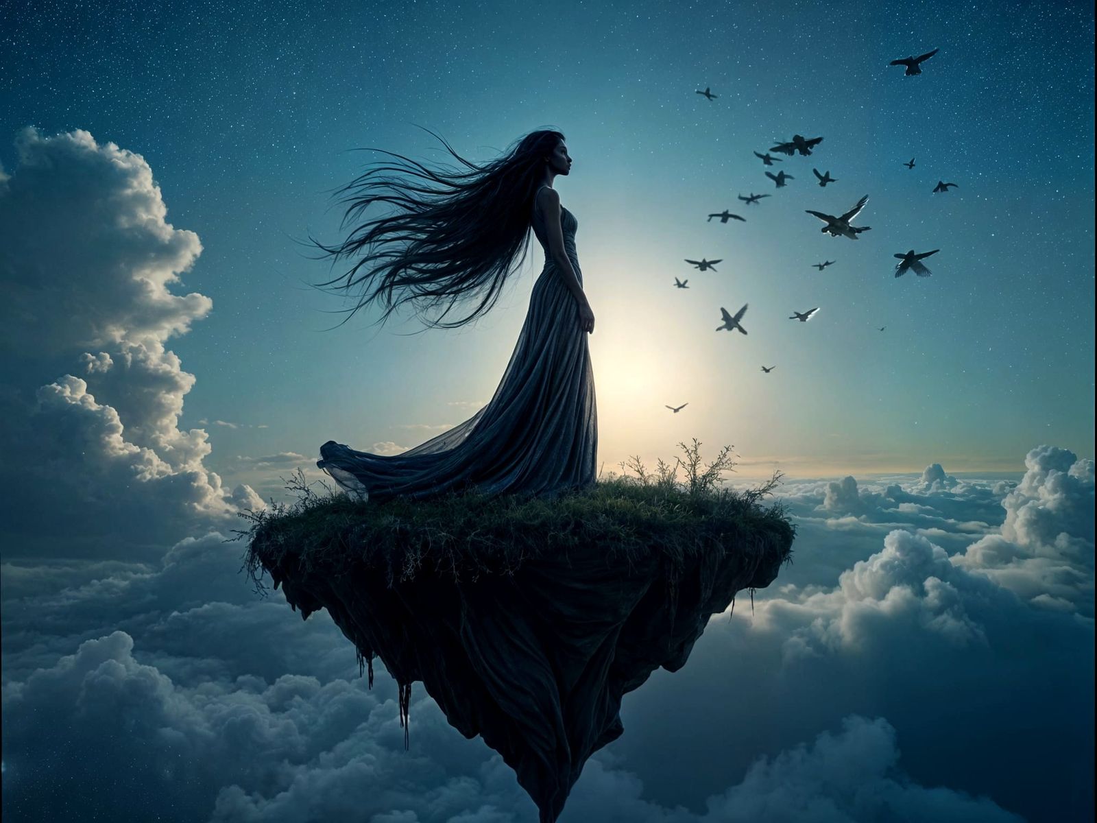 Ebony Goddess in Starlight Gown on Floating Island