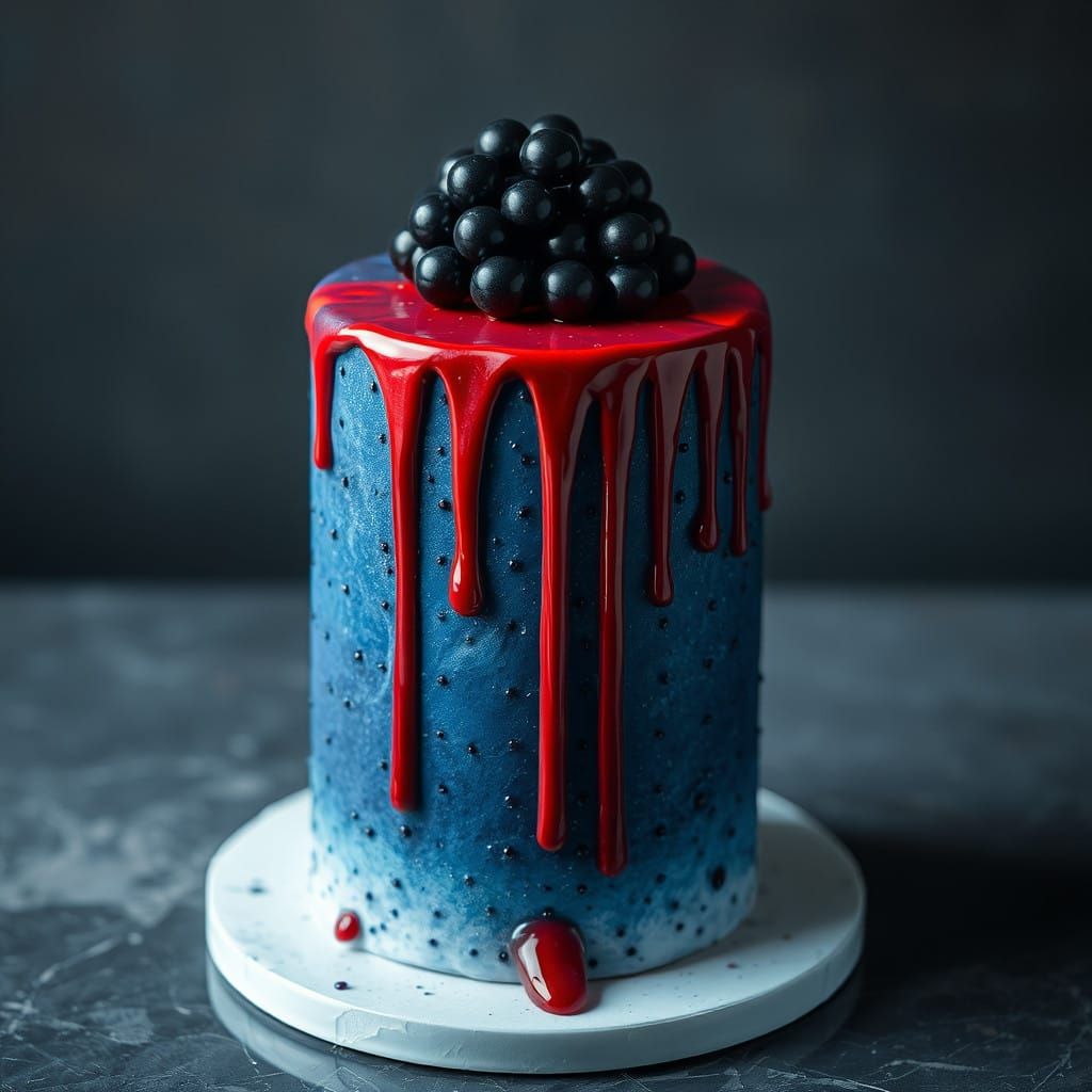 A sapphire layered dotted cake with tulip red dripping down ...