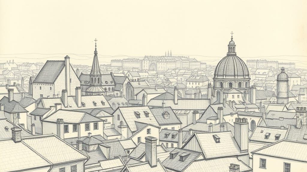 Medieval Metropolis Pencil Drawing in Moody Monochrome