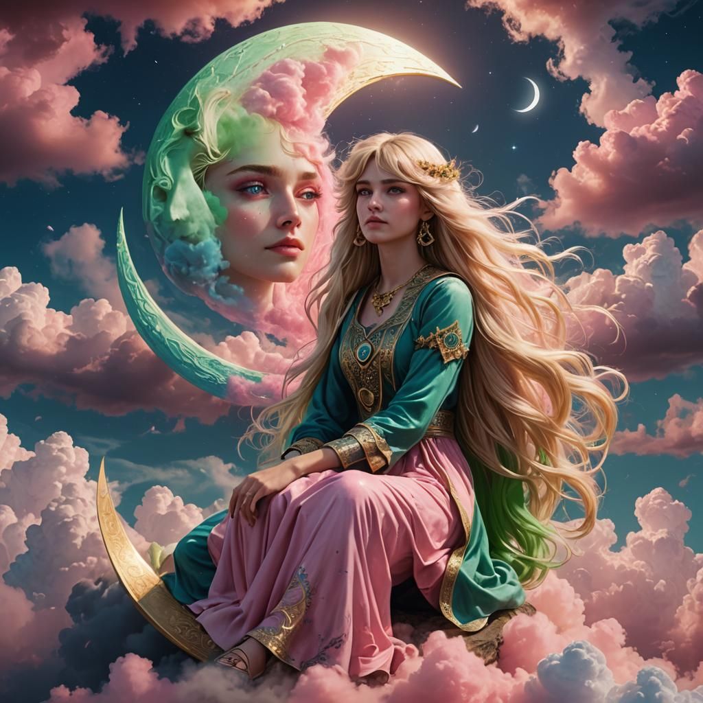 Blonde Woman on Moon in Dreamy Sky