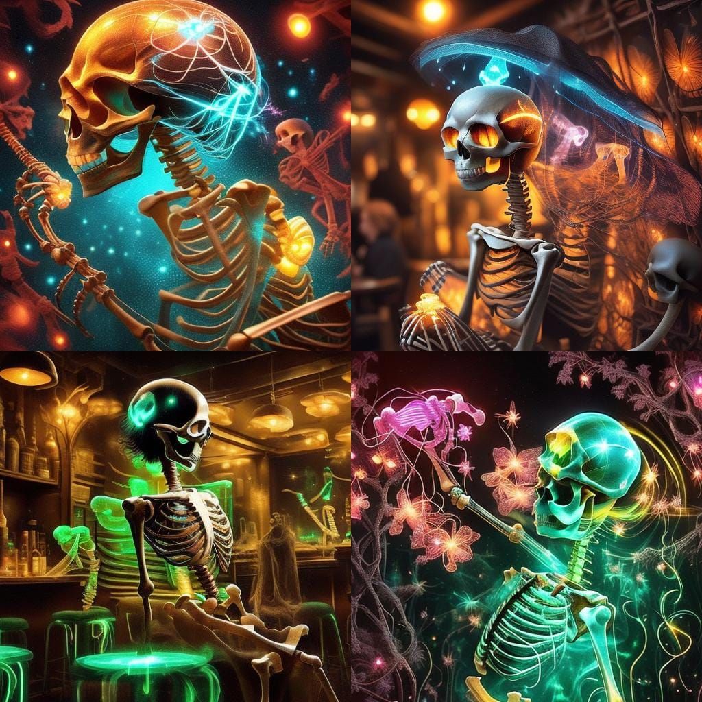 Flapper with Neon Skeleton in 1920s Speakeasy